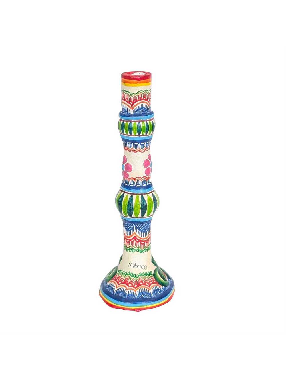 Vintage Mexican Hand-Painted Folk Art Ceramic Candlestick -